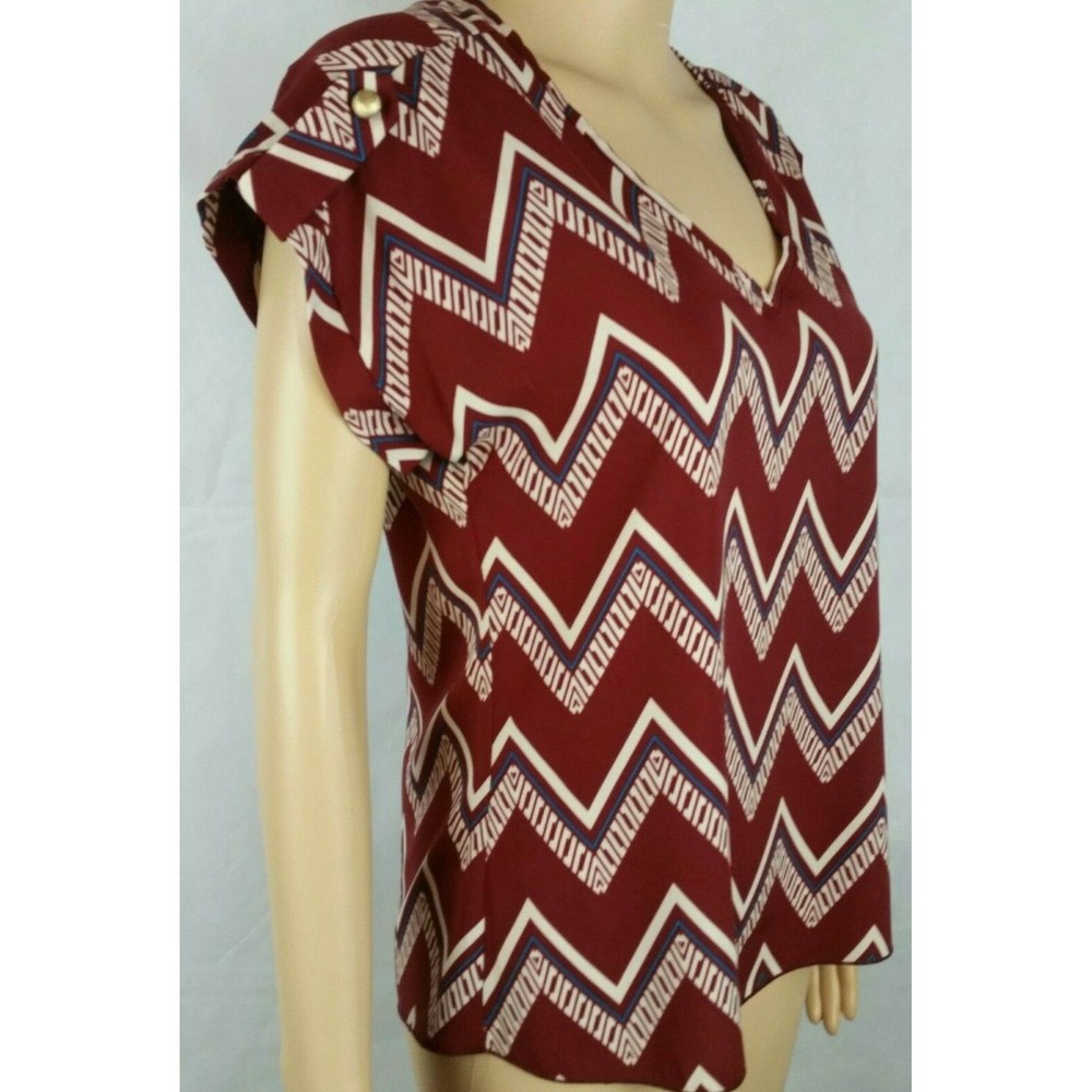Poema Women's (S) Burgundy with Ivory and Blue Zig Zag Top